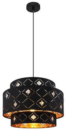 Globo 15448H1 Függeszték fém fekete váz, fekete-arany textil ernyővel, akril -kristály dekor gyöngyökkel. Ø:400, M:1400, fényforrás nélkül 1xE27 60W 230V