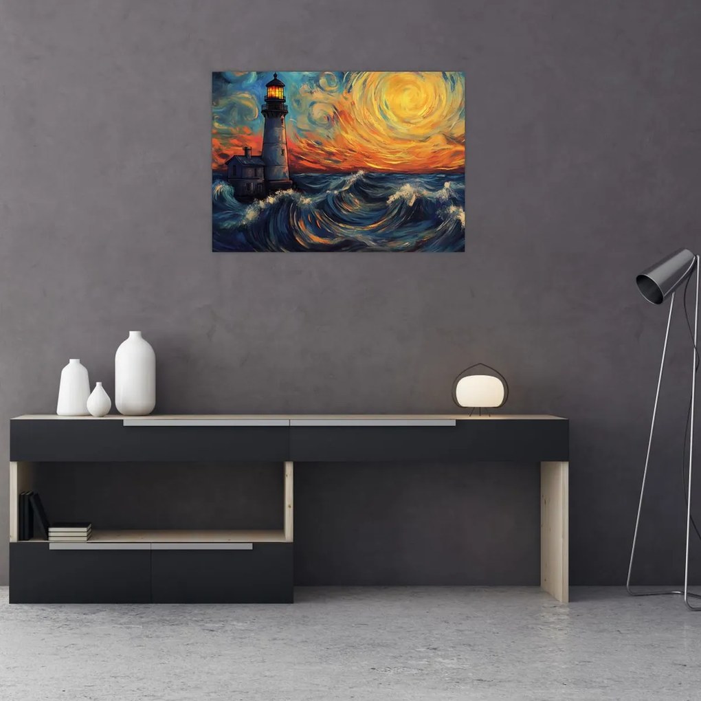 Üveg kép - Világítótorony a hullámokban (70x50 cm)