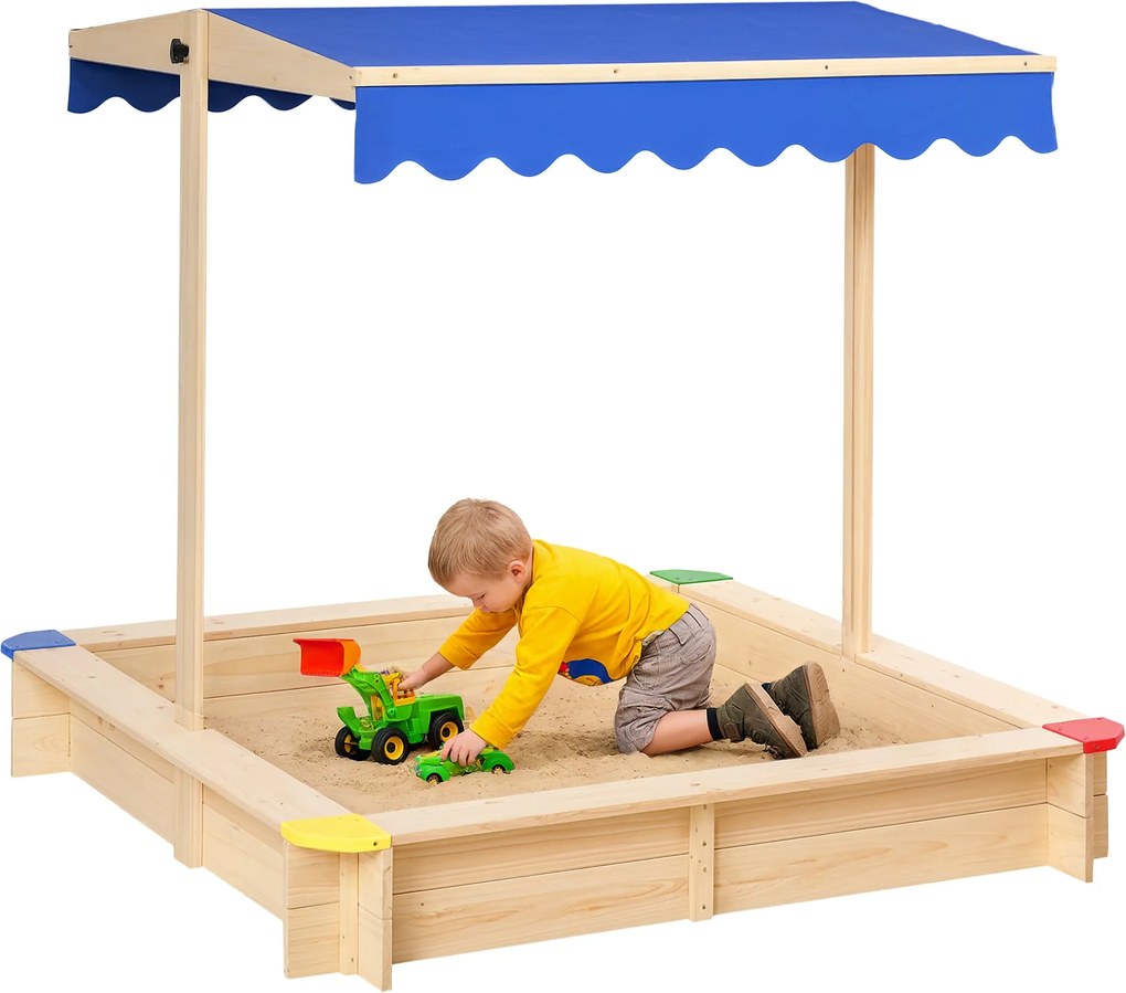 Outsunny Fa Homokozó Gyerekeknek Napernyővel, Állítható Tetővel, Tágas Mérete 120x120x120 cm Kültéri Kert Játékhoz Természetes Fa Színben | Aosom