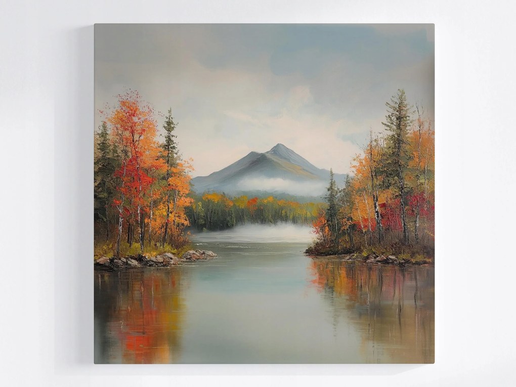 Poszter Tájkép Hegyek Erdő Tó Folyó Ősz Köd 80x80