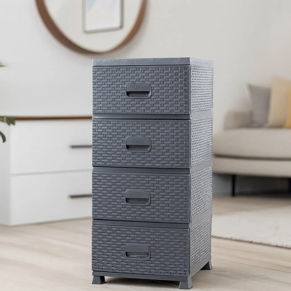 Rattanhatású Műanyag 4 fiókos Komód 38 x 45 x 90 cm