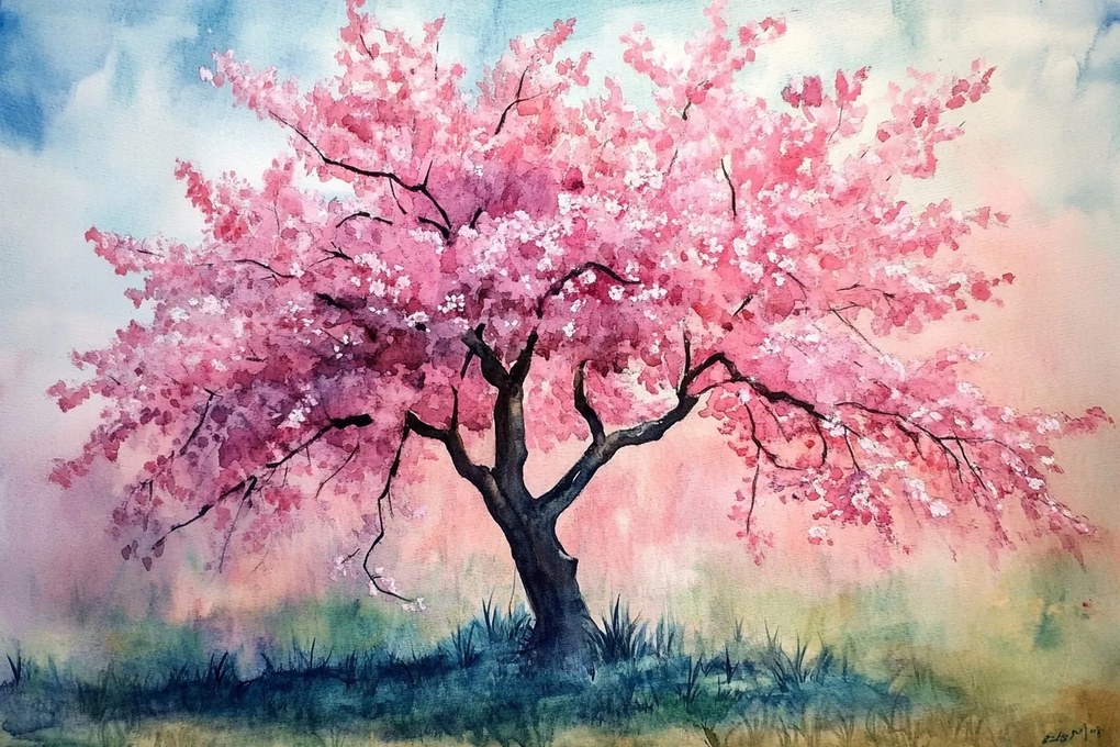 Vászonkép Canvas Akvarell Természet Rózsaszín Fa Virágok Tavasz 60x40