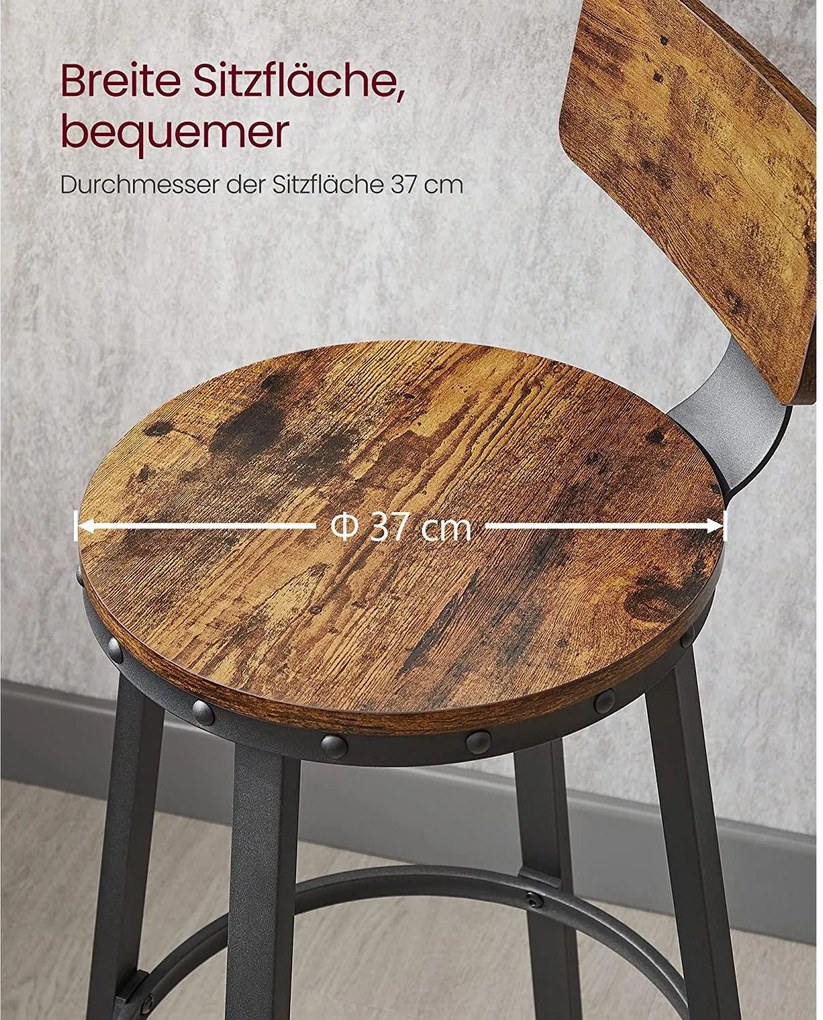 Magas bárszék háttámlával 2 db-os szett, 73 cm magas ülés, barna/fekete