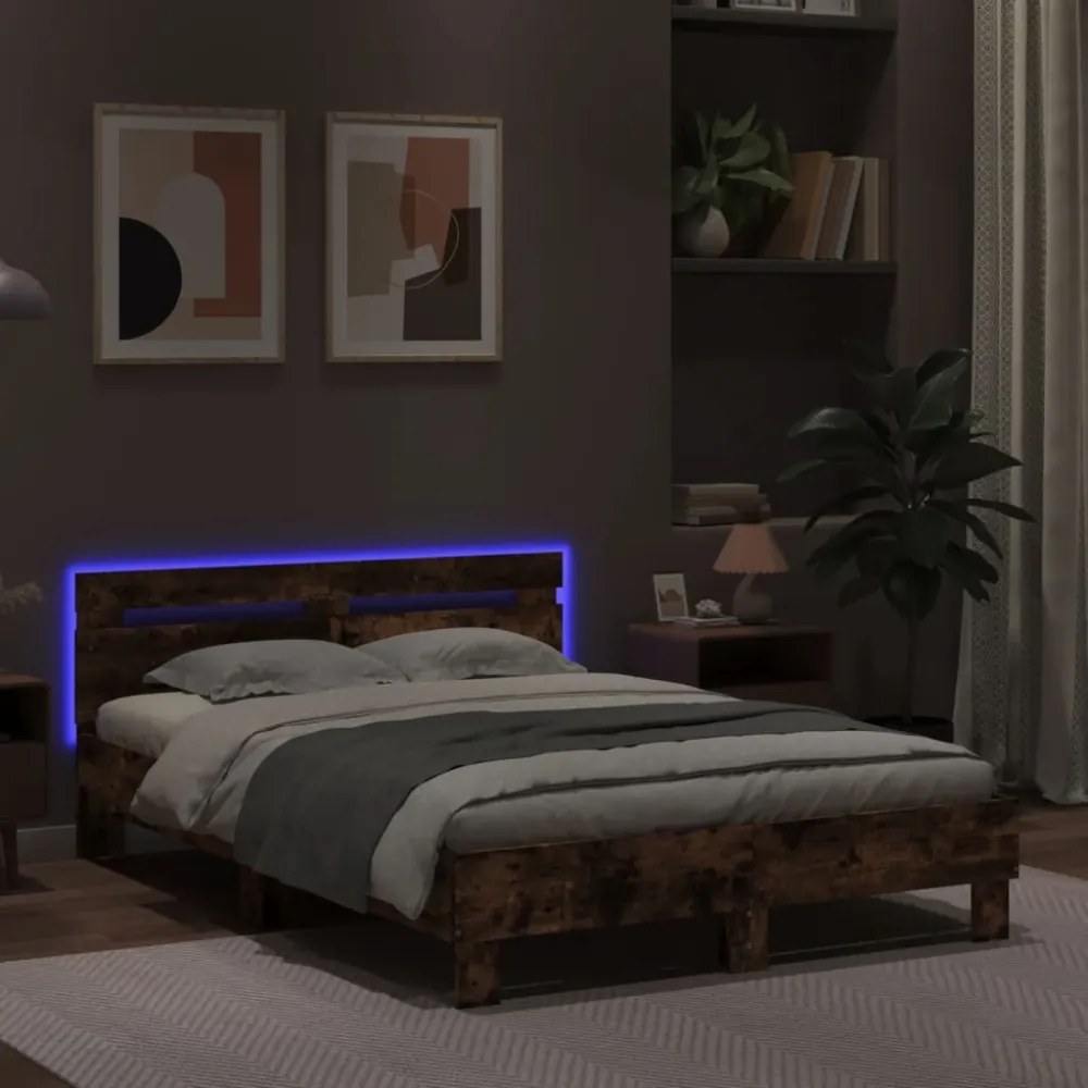 füstös tölgy színű ágykeret fejtámlával és LED-del 120x190 cm
