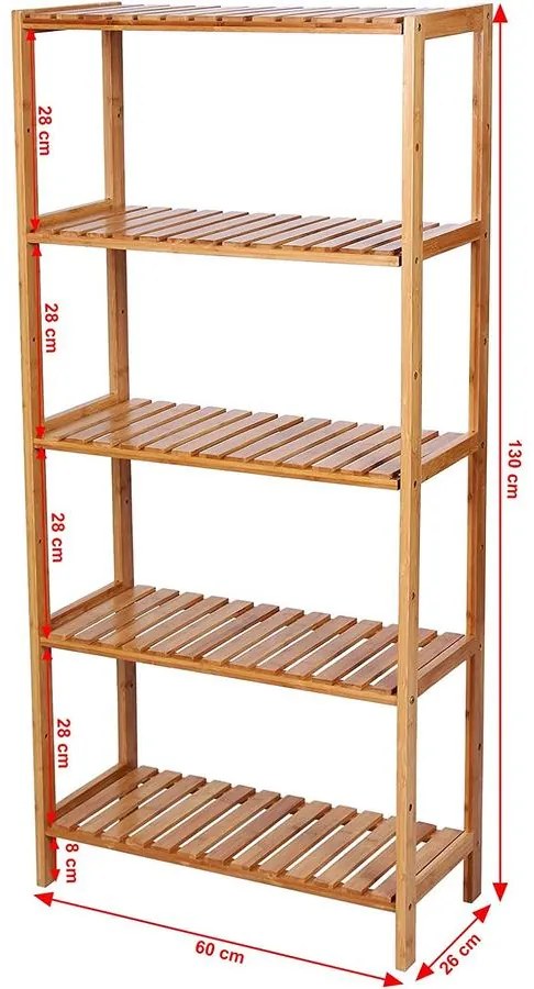 Bambusz fürdőszobai tároló, 5 szintes tároló polcok 60 x 26 x 130 cm