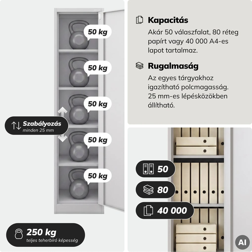 Kartotékos iratszekrény kulcsos szürke, 450x1850x600 mm: ALEX D600