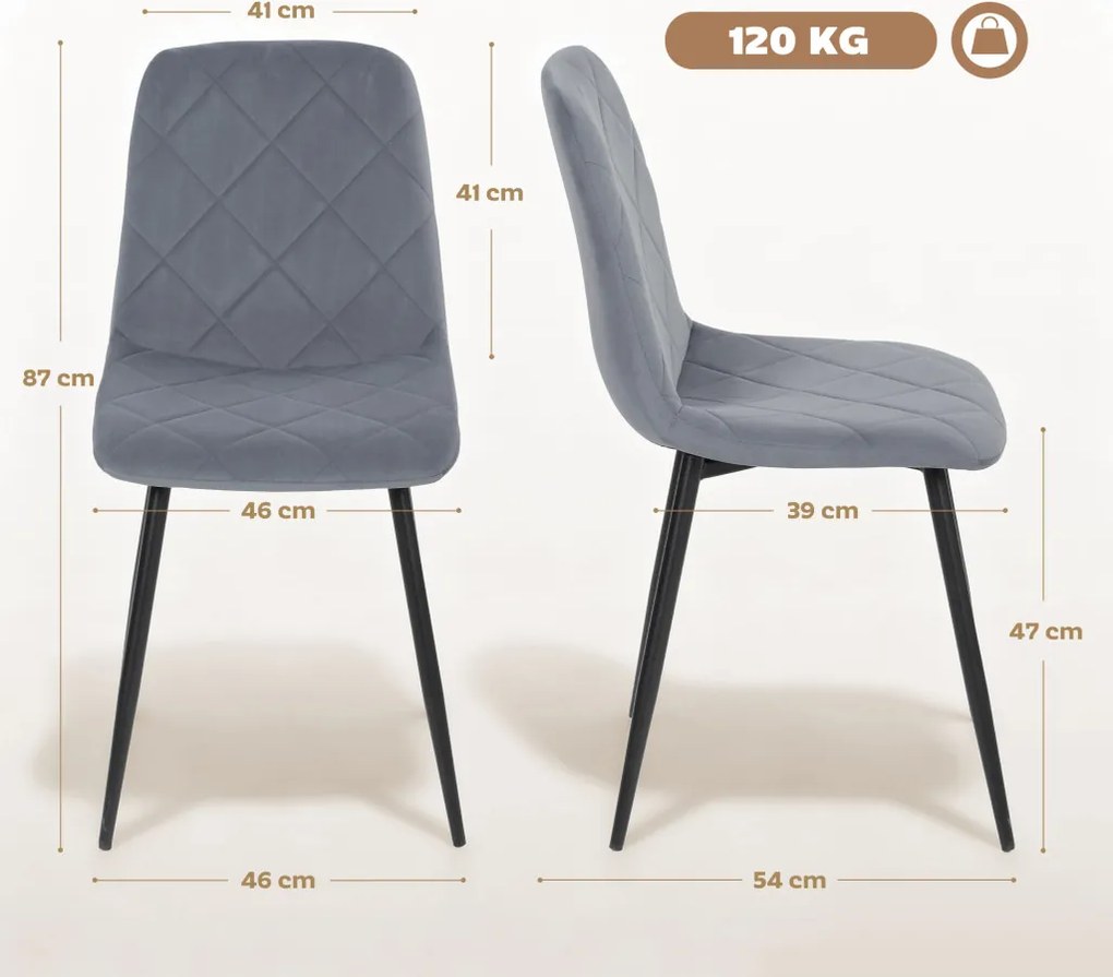 HOMCOM Étkezőszékek, 4 db-os konyhaszék szett háttámlával, kárpitozott székek fém lábakkal, szürke