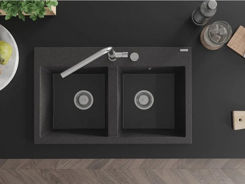 Mexen Hektor 2 rekeszes gránit mosogató 800 x 480 mm, fekete pöttyös, króm szifon - 6521802000-76