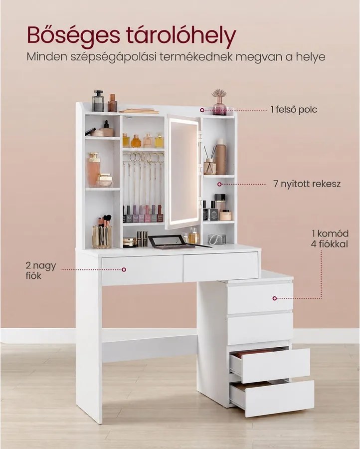 Sminkasztal LED világítással, tükörrel és 6 fiókkal, 97,5 x 40 x 145 cm, fehér