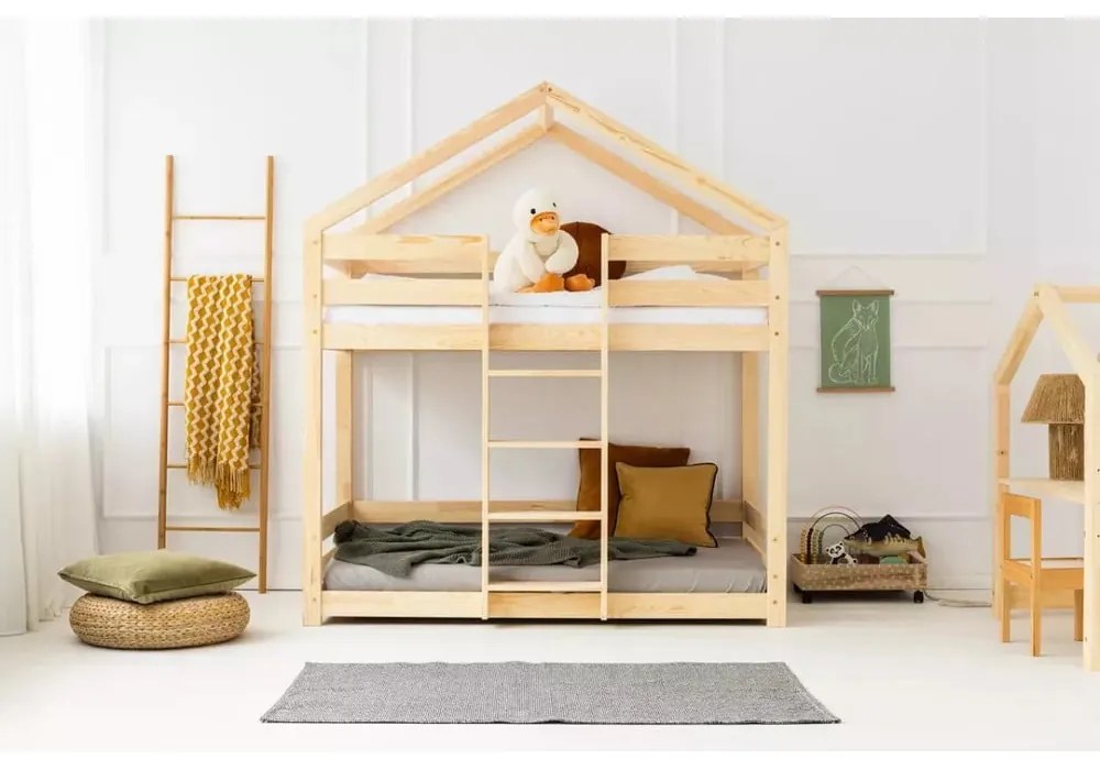 Natúr színű házikó alakú-emeletes gyerekágy ágyráccsal 90x200 cm DMPN – Adeko