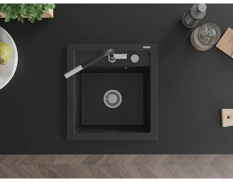 Mexen Vito, 1 kamrás gránit mosogató 490x520x210 mm és Flora mosogató csaptelep, fekete-ezüst metál, 6503-73-670401-07