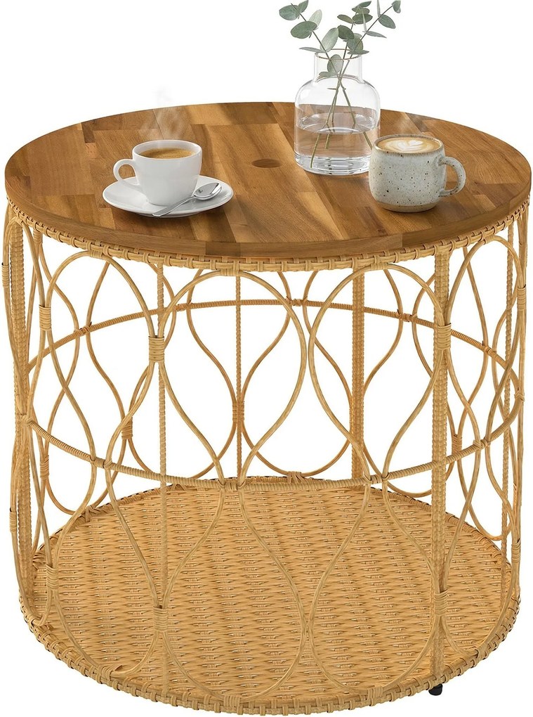 Outsunny kerek kisasztal Ø50 cm — időjárásálló rattan hatás, akácfa asztallap, állítható lábak, 80 kg teherbírás — Teak | Aosom