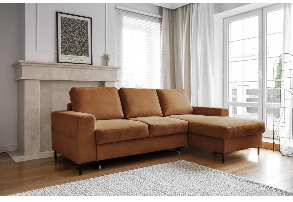 Narancssárgásbarna kordbársony kinyitható sarokkanapé (jobb oldali) Lofty Lilly – Miuform