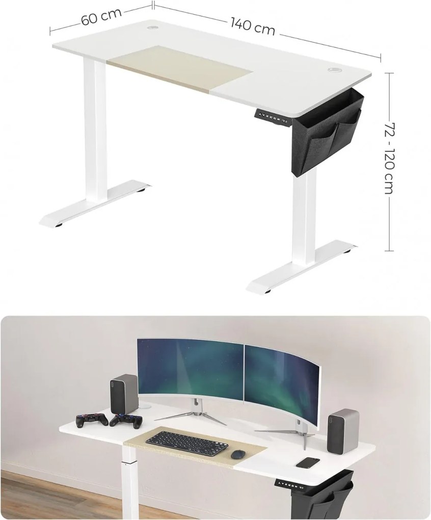 Íróasztal, elektromosan állítható magasság, bézs és fehér 60 x 140 x (72-120) cm