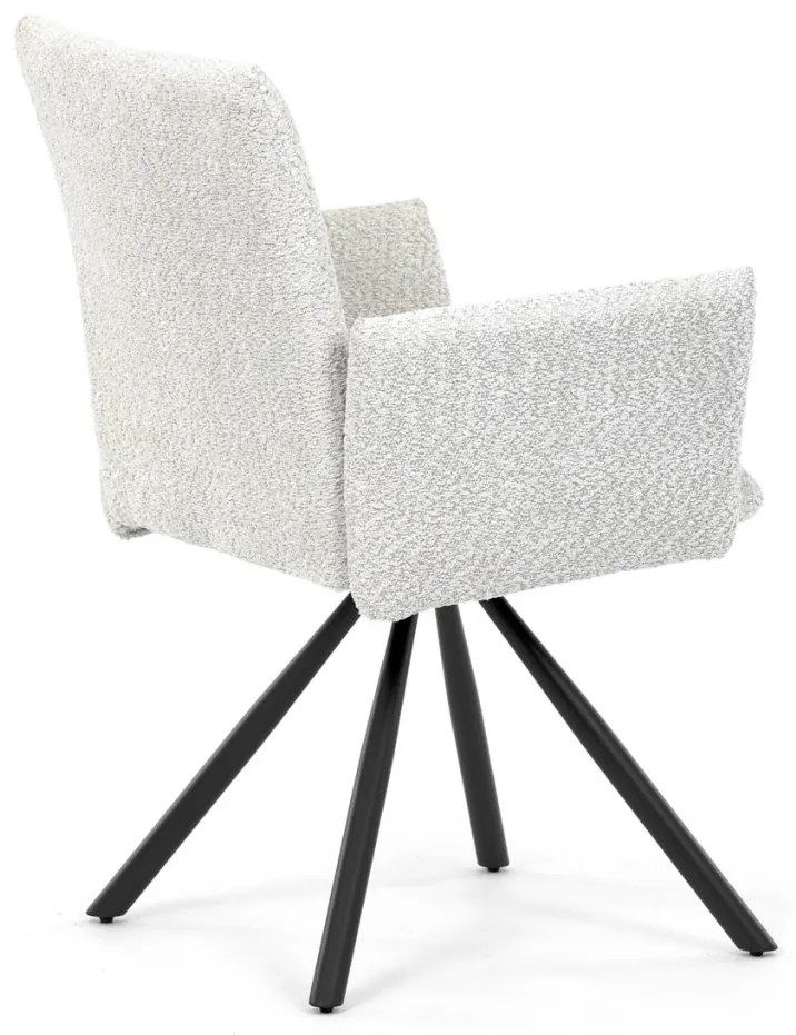 Scaun de sufragerie pivotant, țesătură Bouclé, picioare din metal negru, mecanism de rotire 90°/90° (dreapta/stânga) - funcție de resetare
