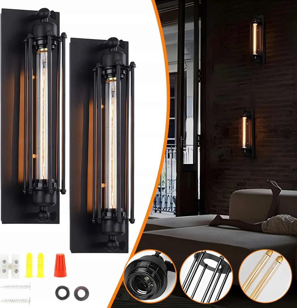 2db Retro fali lámpa fekete Loft retro lámpa fehér meleg E27