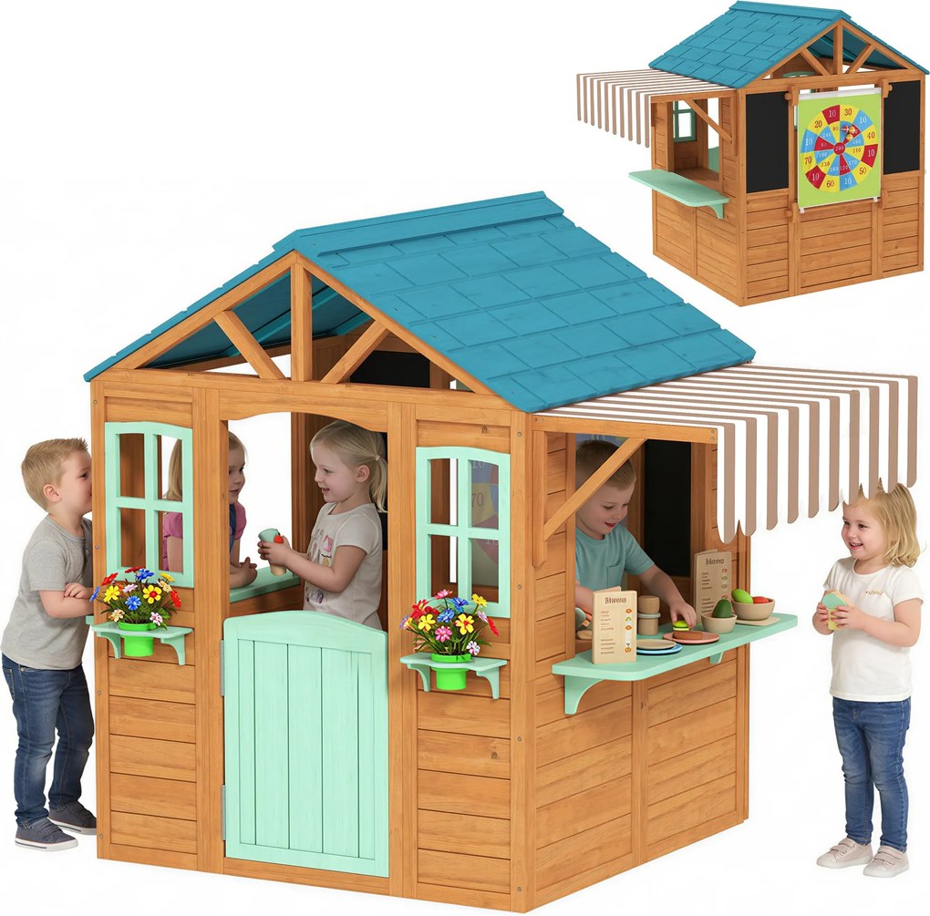 AIYAPLAY kültéri faház piacpulttal, virágládákkal és krétatáblával – többszínű, 3–6 éveseknek, 142 x 120 x 141,5 cm | Aosom