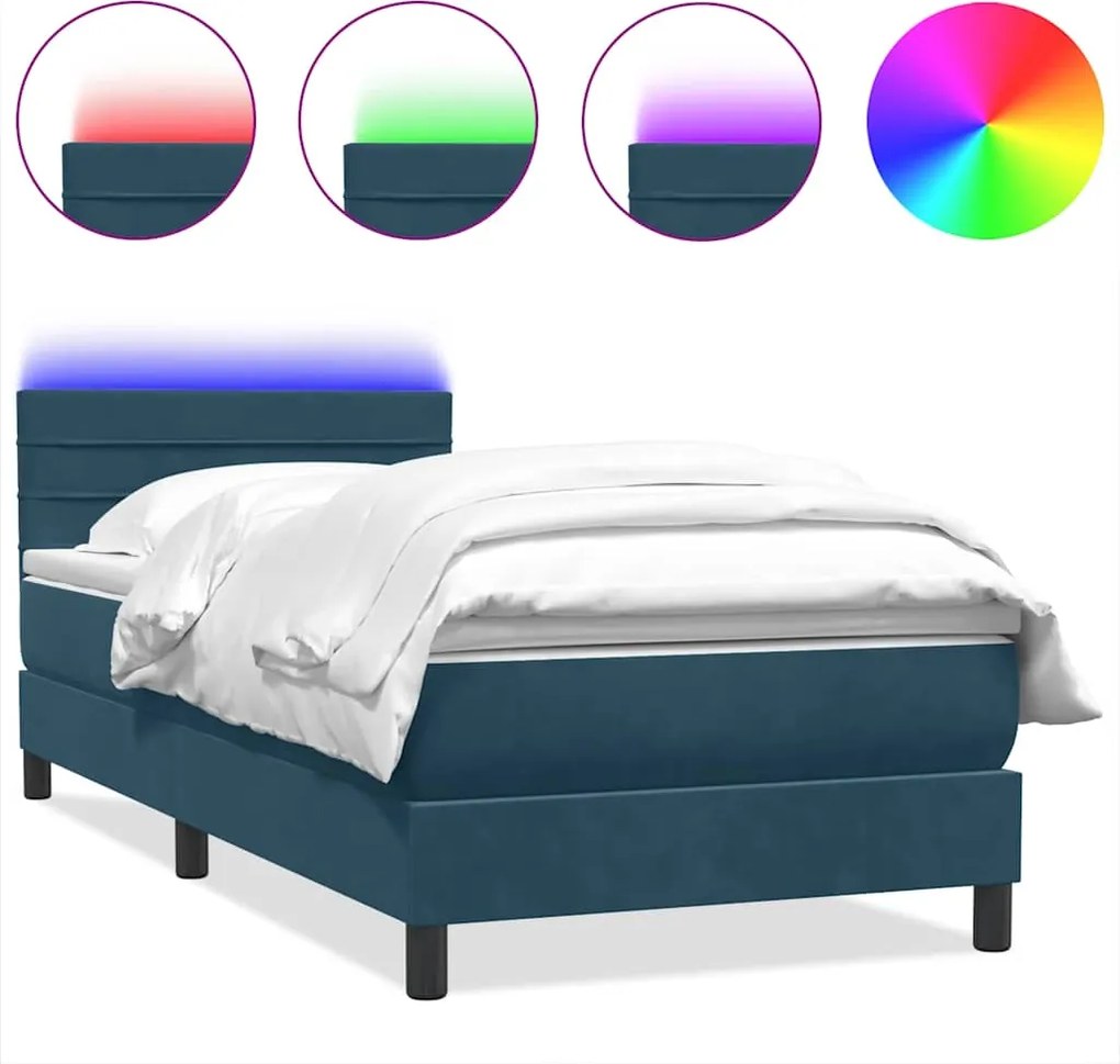 vidaXL sötétkék bársony rugós és LED-es ágy matraccal 80x210 cm