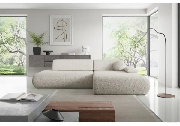 PRATO jobb oldali, L-alakú, kihúzható sarokkanapé tárolóval, bézs