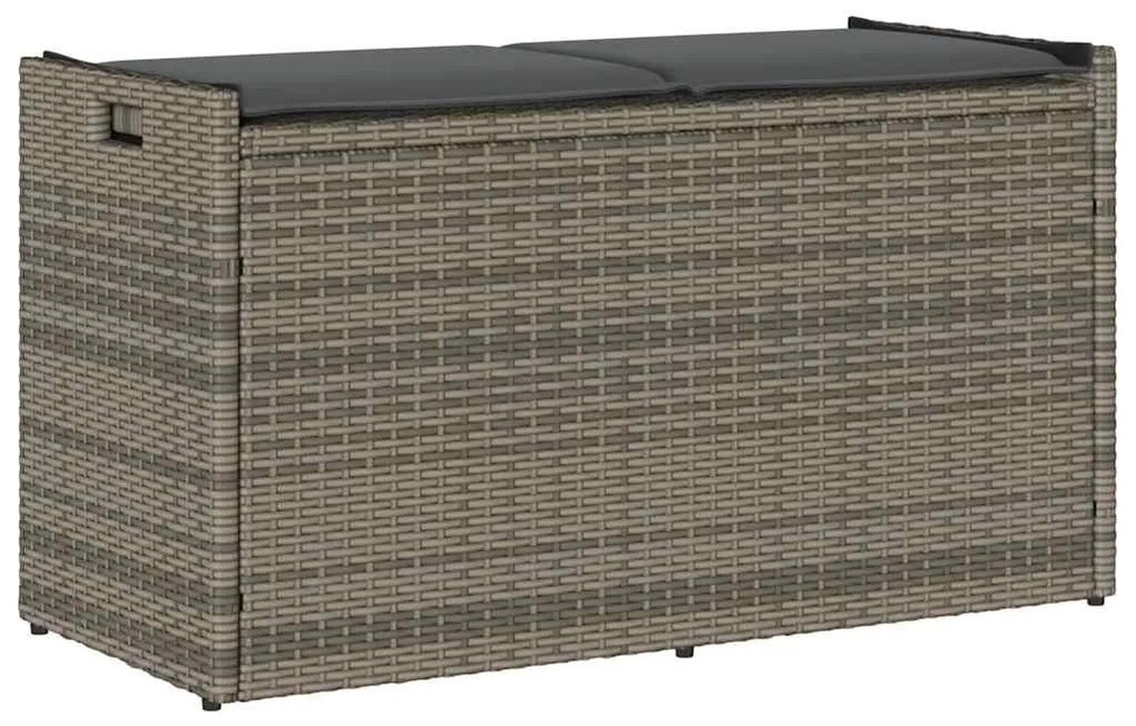 Szürke polyrattan kültéri tárolópad párnával 100 cm