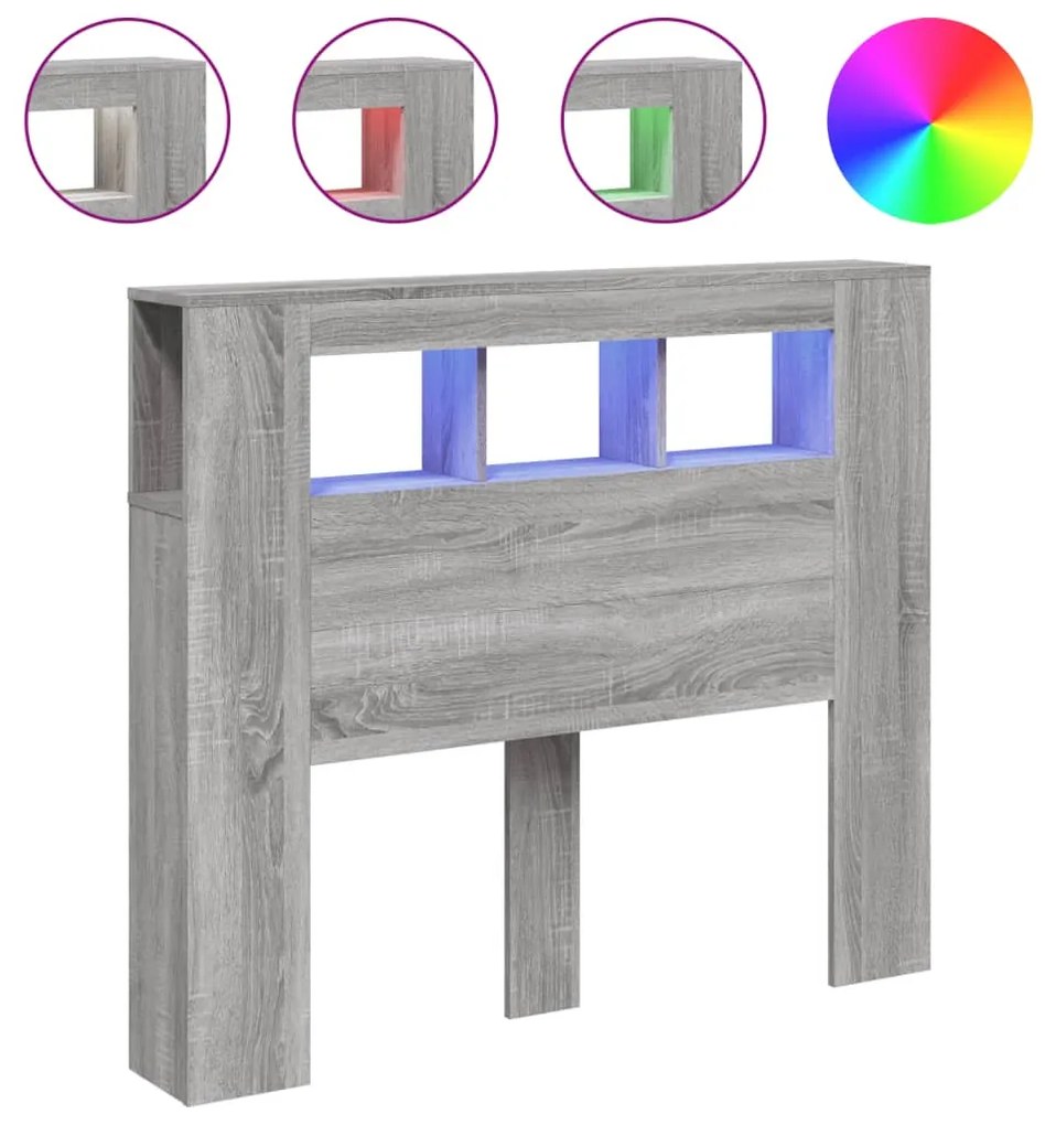 szürke sonoma szerelt fa LED-es fejtámla 120 x 18,5 x 103,5 cm