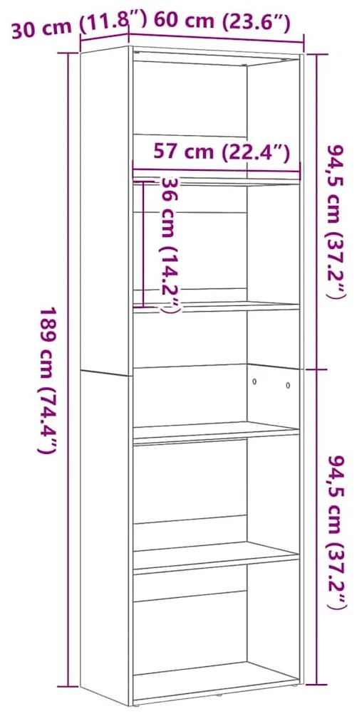 fekete tölgy színű szerelt fa könyvespolc 60 x 30 x 189 cm