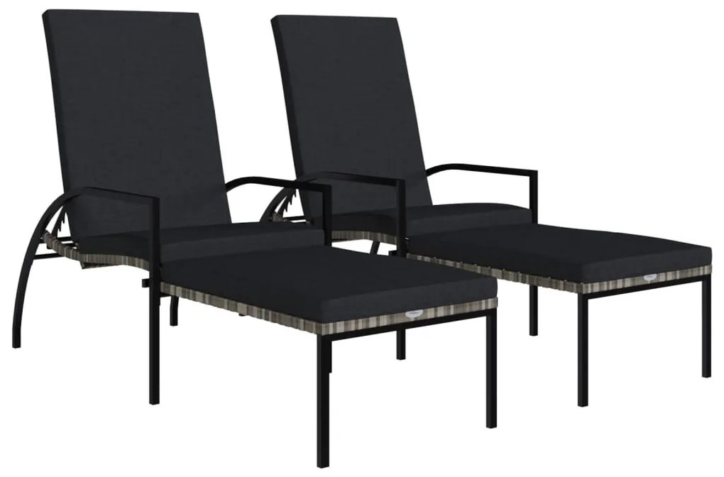2 db szürke polyrattan napozóágy lábtartóval