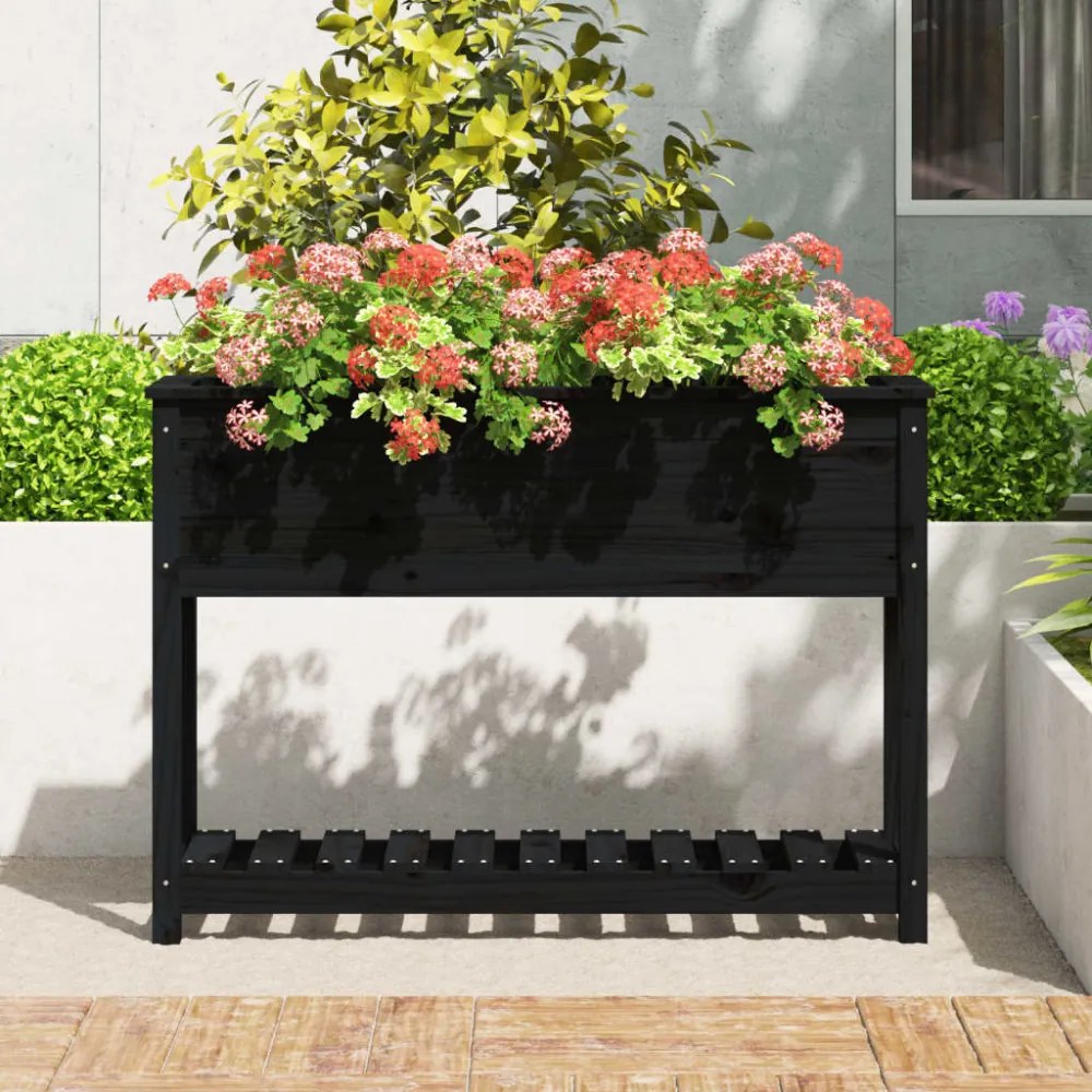 fekete tömör fenyőfa növénytartó polccal 111,5x34,5x81 cm