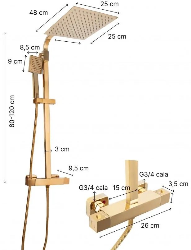 Erga Goba, zuhanygarnitúra termosztatikus csapteleppel és esőfejjel 25x25 cm, fényes arany, ERG-YKA-BP.GOBA-THERM-25-GLD