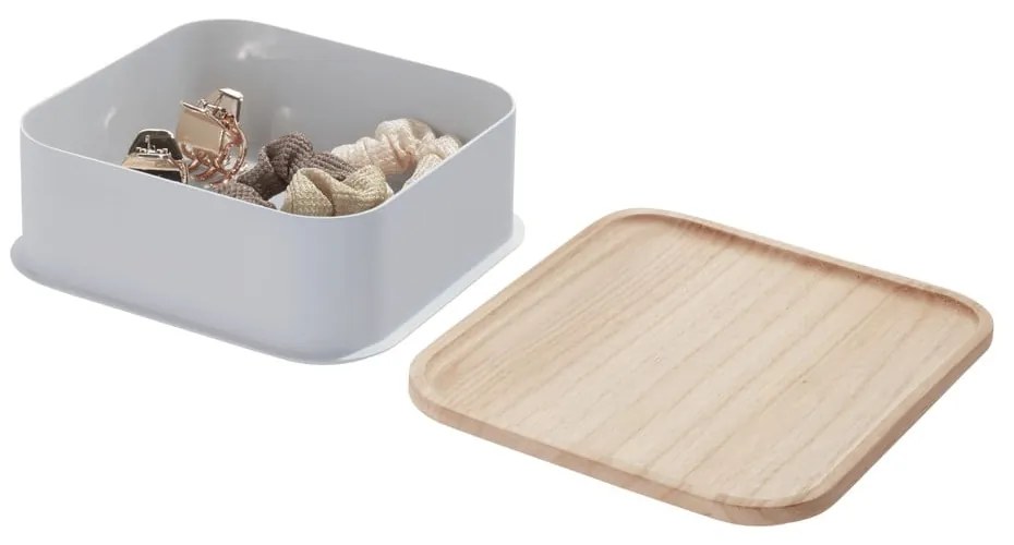 Eco szürke tárolódoboz paulownia fa fedéllel, 21,3 x 21,3 cm - iDesign