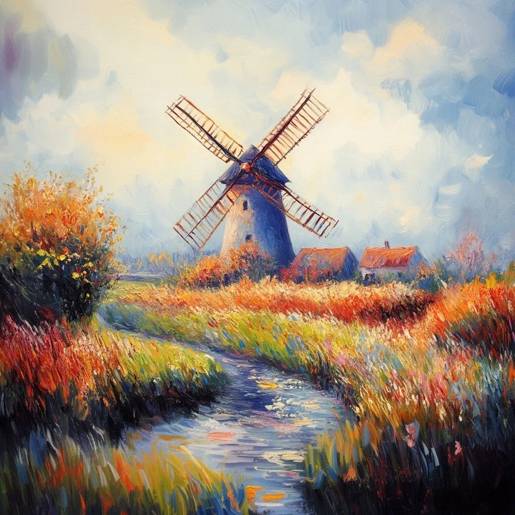 Vászonkép Canvas Tájkép Szabadtéri Táj Falu Szélmalom Folyó 40x40