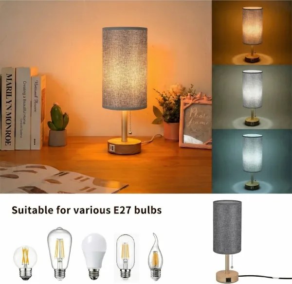 Brilagi - TABLON asztali lámpa USB-porttal 1xE27/25W/230V tölgy/bézs/szürke