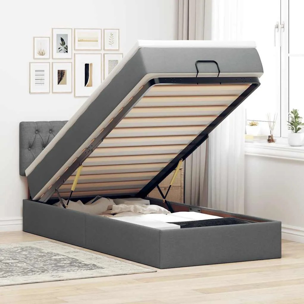 sötétszürke szövet ottomán ágy matraccal &amp; LED-ek 80x200cm