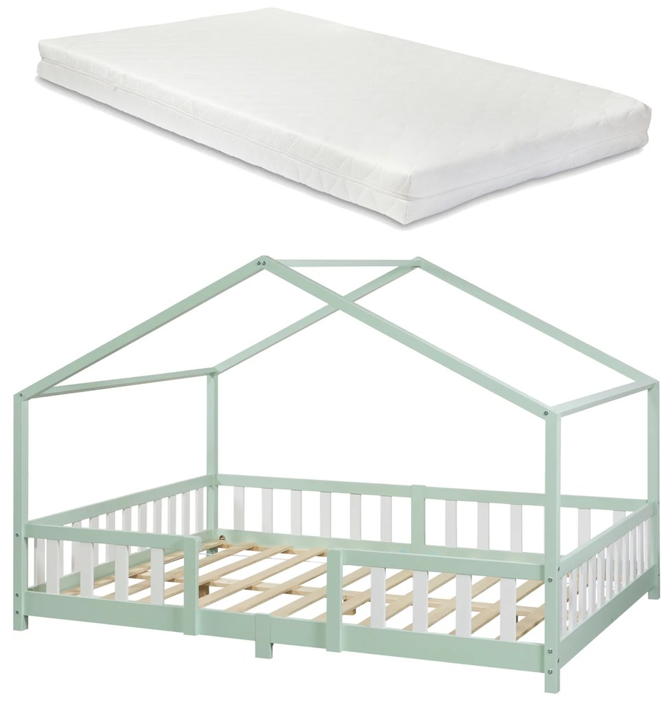 Házikó gyerekágy Treviolo leesésgátlóval és matraccal 140x200 cm mentazöld [en.casa]