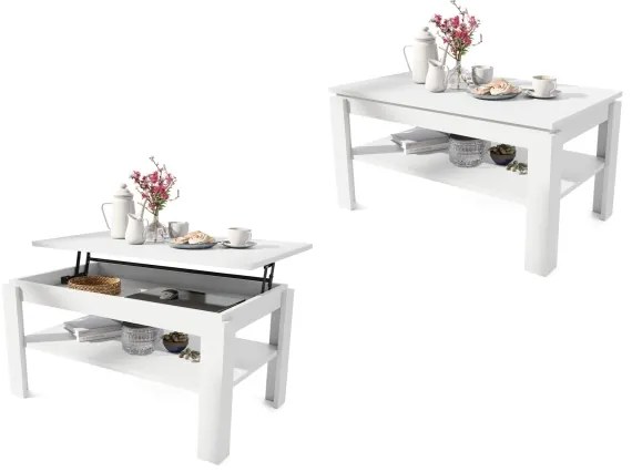 Bővíthető dohányzóasztal emelhető asztallappal és polccal ADEN fehér