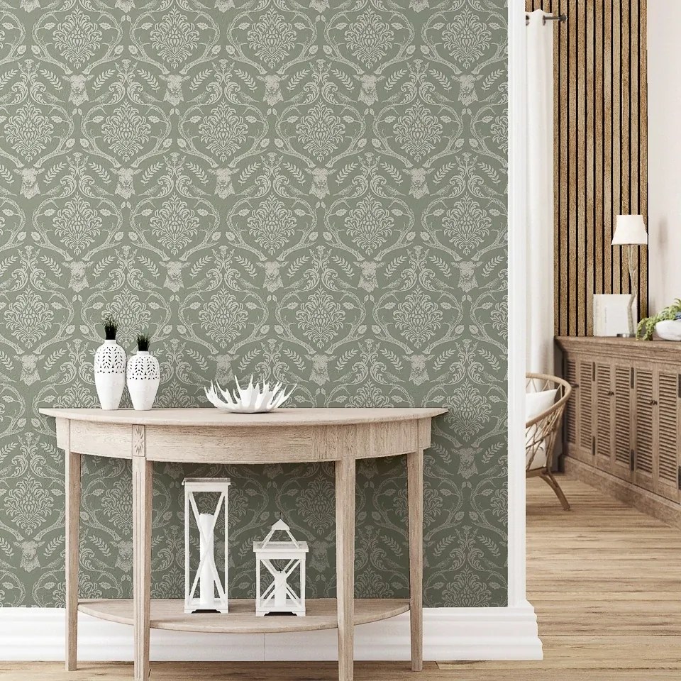 Arthouse Signature 2 Stag Damask zöld damaszt mintás papír tapéta – 923706