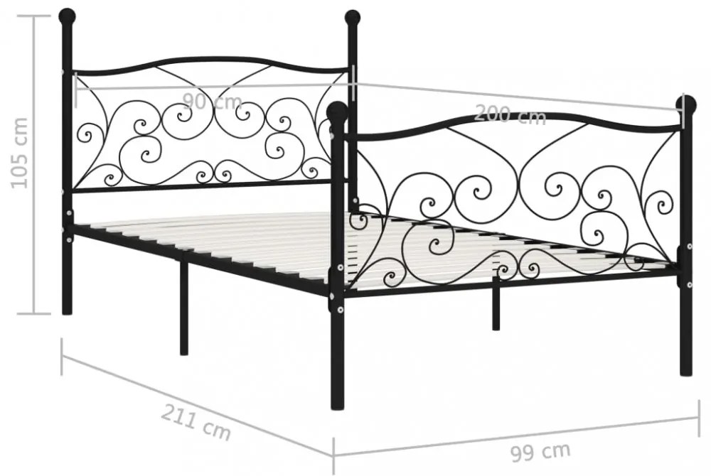fekete fém ágykeret lécezett ágyráccsal 90 x 200 cm
