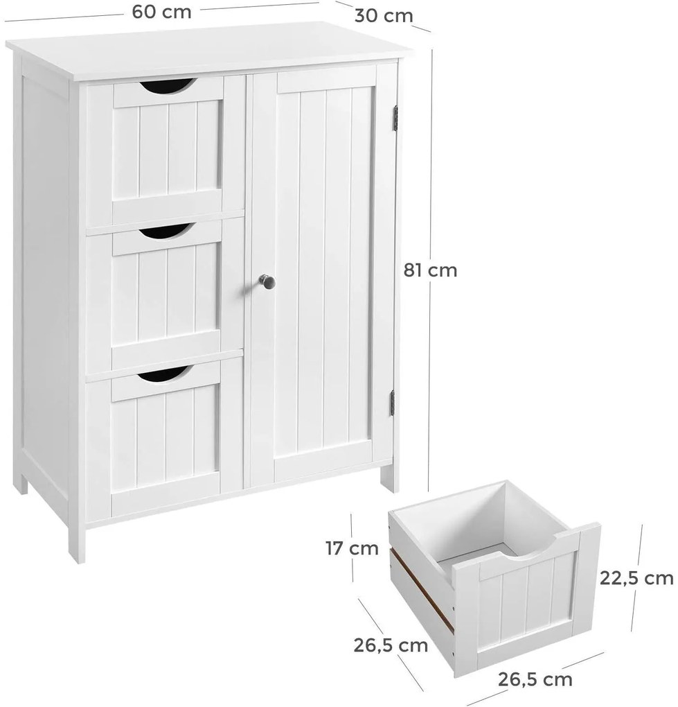 Szabadon álló ajtós, 3 fiókos szekrény, fehér 60x30x81cm