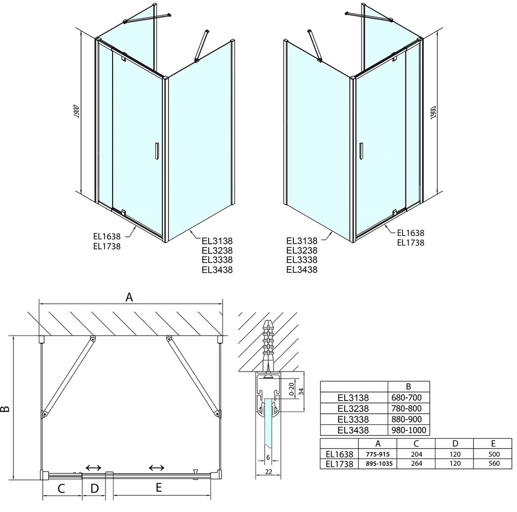 Polysan, EASY LINE zuhanykabin három falú 800-900x800mm, forgóajtós bal / jobb változat, Tégla üveg, EL1638EL3238EL3238