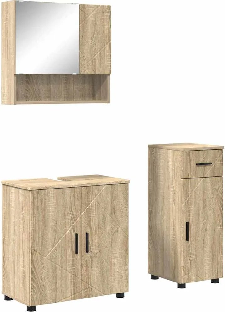vidaXL Fürdőszoba bútor szett fiókkal 3 pcs Sonoma tölgy Faanyag & Fém