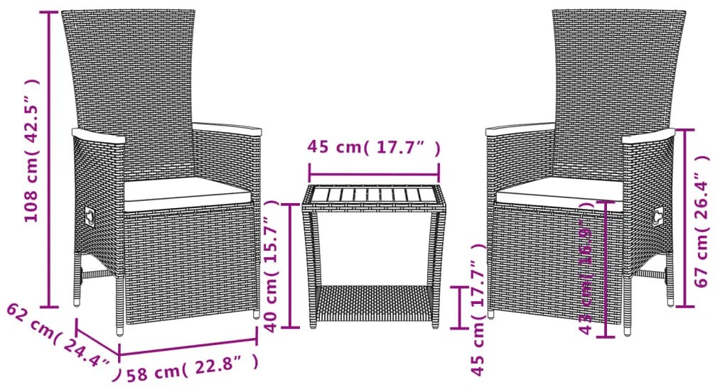 3 részes fekete polyrattan kerti étkezőgarnitúra párnákkal