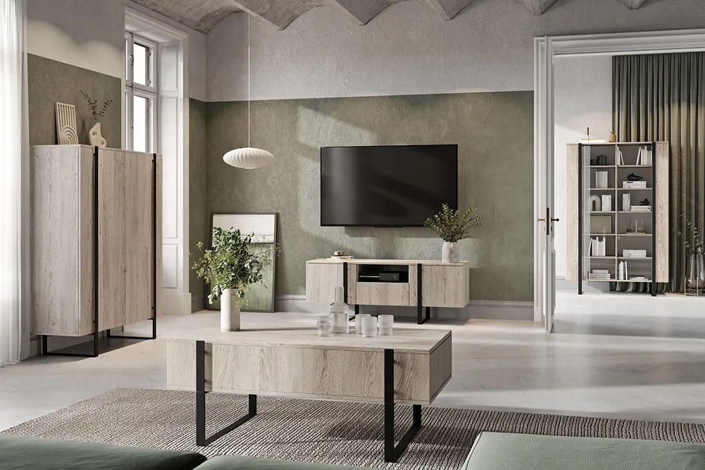 Verica 150 cm-es TV-szekrény nyitott polccal - szivacsos tölgy / fekete lábak
