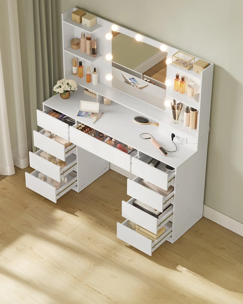 KAILYN LED Fésülködő asztal, tükörrel ellátott sminkasztal, 9 fiókkal, felhőfehér színben
