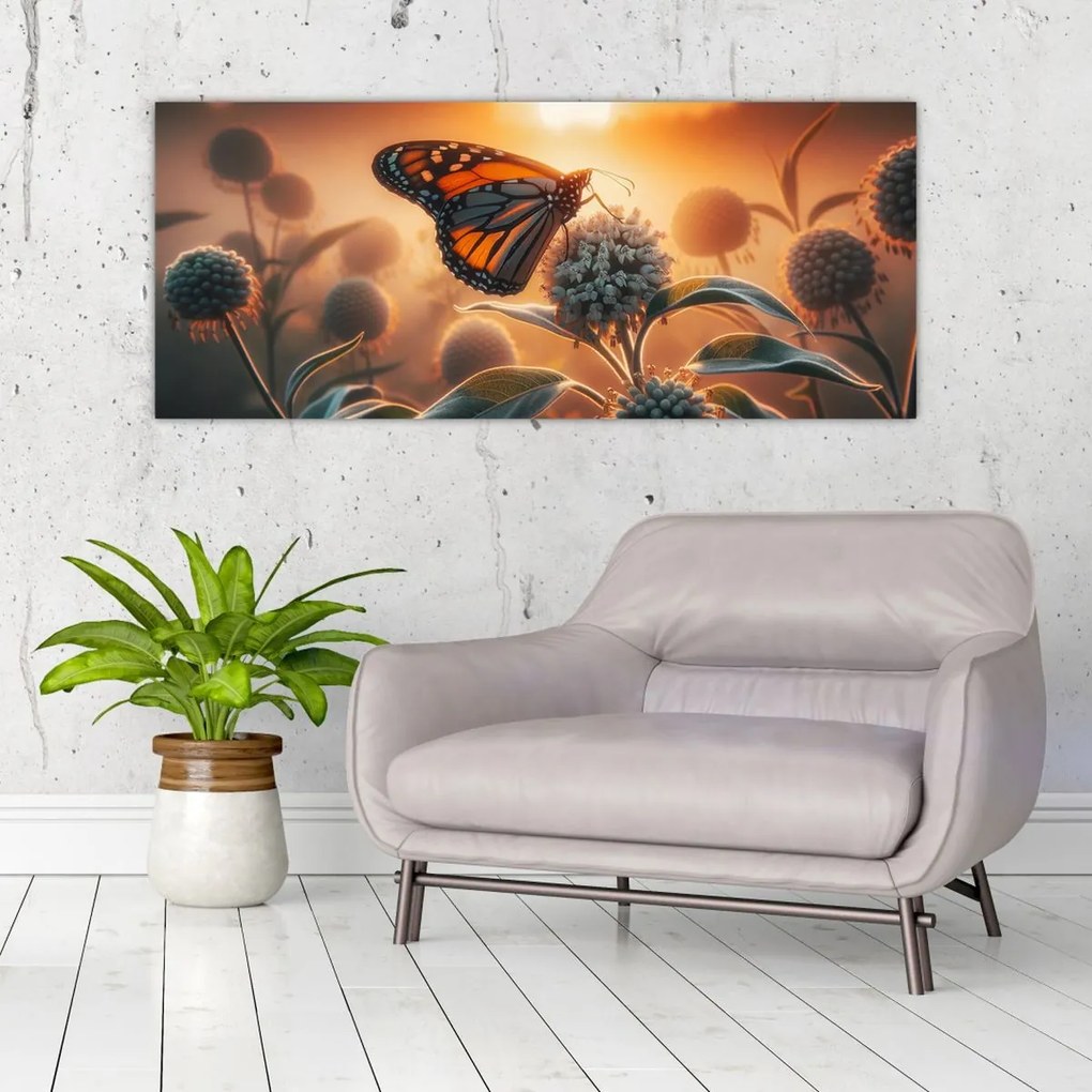 Kép – Pillangó a lenyugvó napban (120x50 cm)
