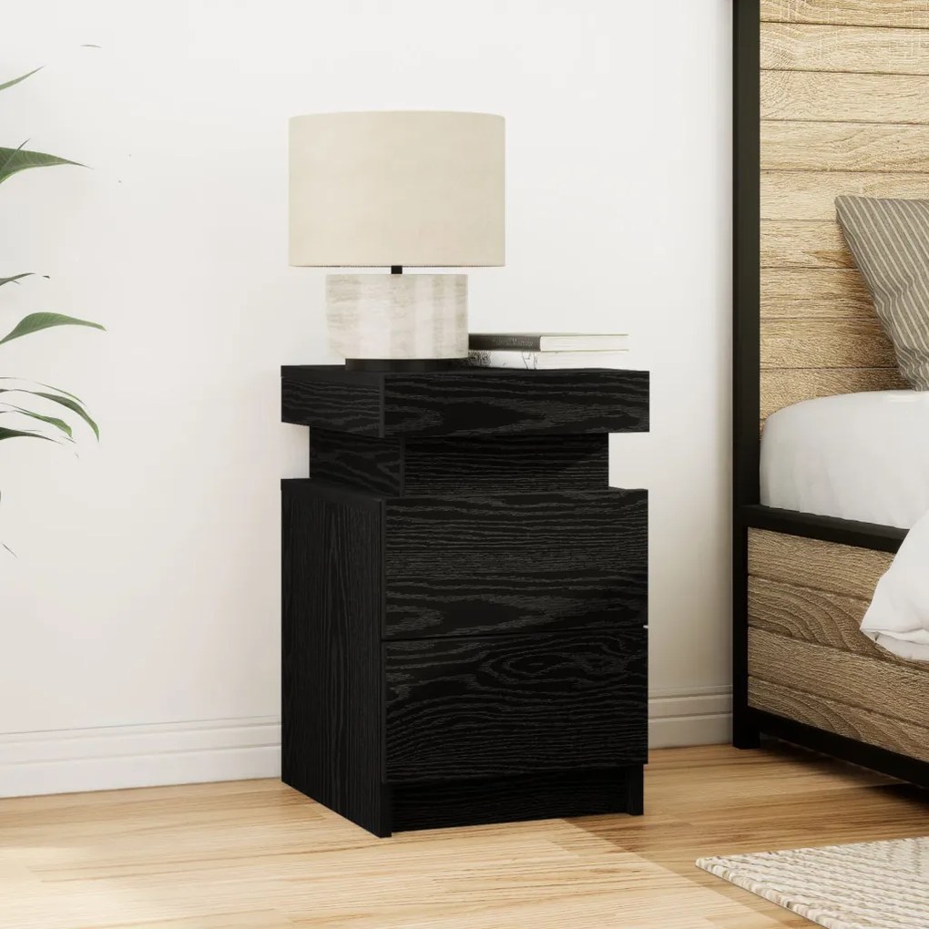 Éjjeli Asztal LED Fénnyel 2 db Fekete Fenyő 35x39x55 cm