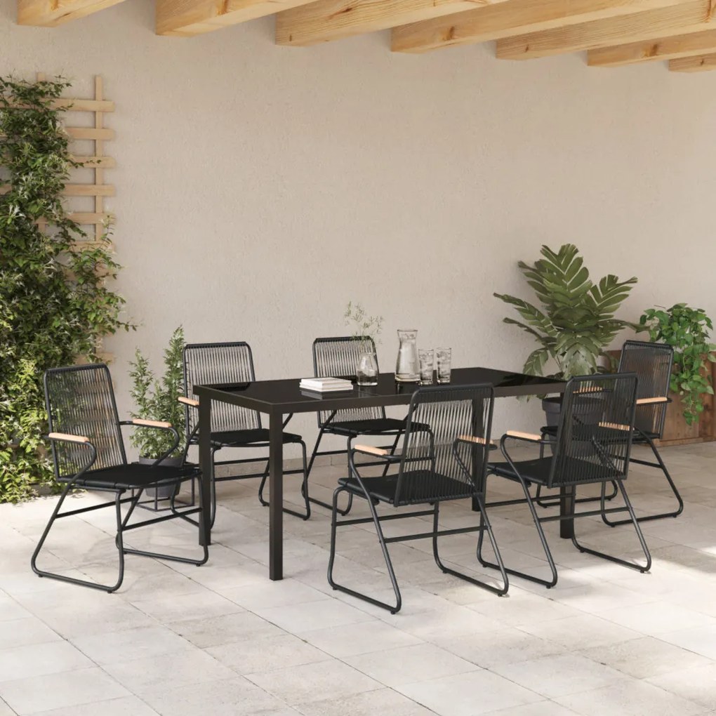 7 Részes Kerti Étkező Szett Fekete PVC Rattan