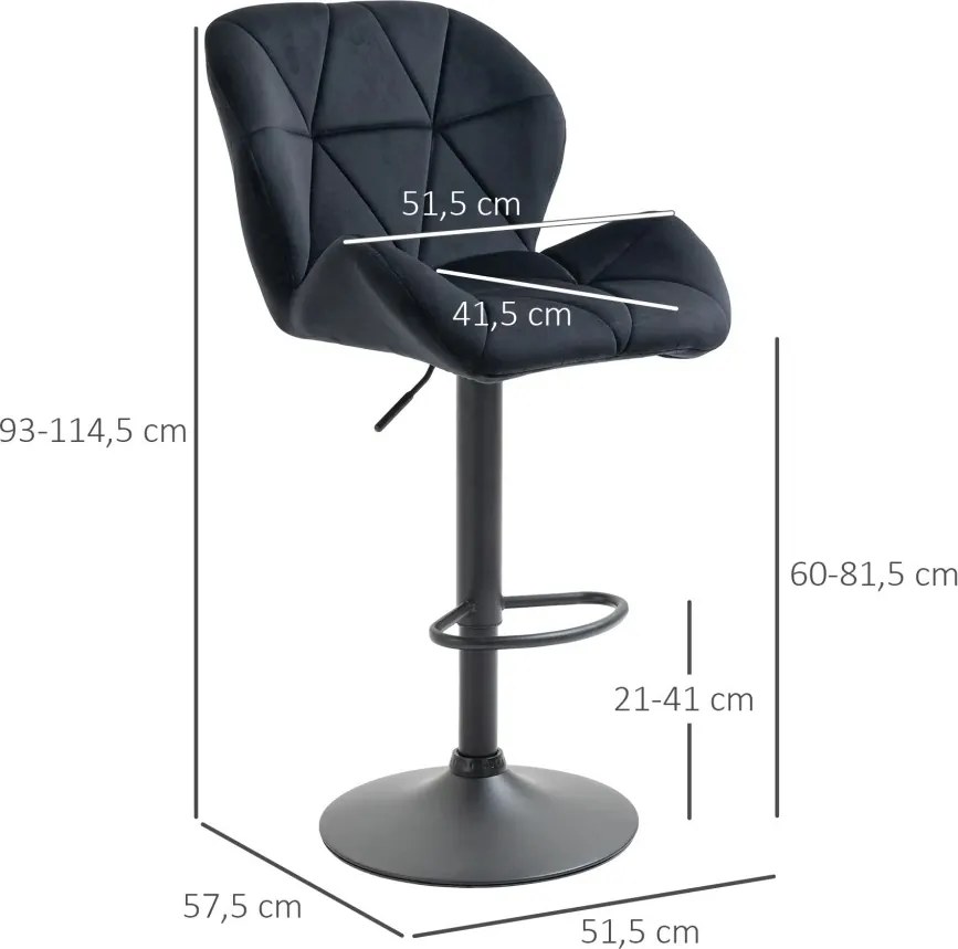HOMCOM 2 db-os bárszék szett, forgó bárszék háttámlával, bársony, fekete