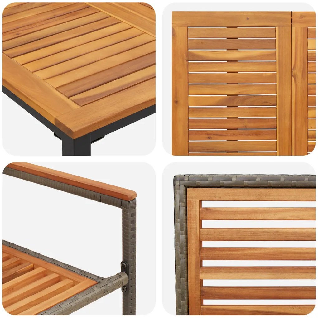 3 darabos Kerti Étkezősor Szürke Poli Rattan Akáccal, Összerakható Kerti Székek Párnákkal 2 db Szürke Poli Rattan, Kerti Asztal 90x90x75 cm Tömör Akácfa és Fém