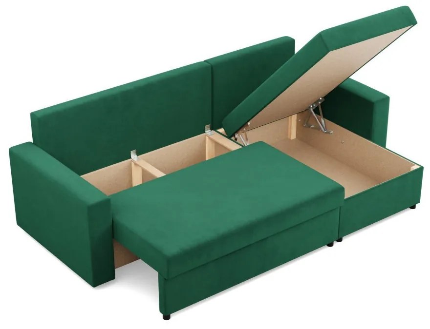 Zeus sarokkanapé, 2 ágyneműtartóval, egyenes kartámasz, bársony, univerzális oldal, bonell töltet, zöld