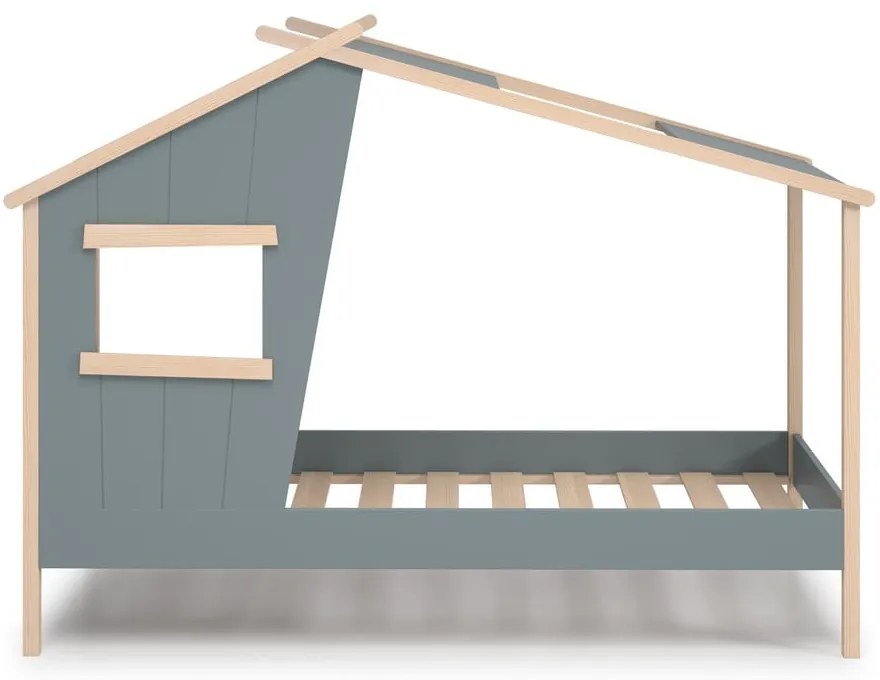 Szürkészöld borovi fenyő házikó alakú gyerekágy ágyráccsal 90x190 cm Luba – Marckeric